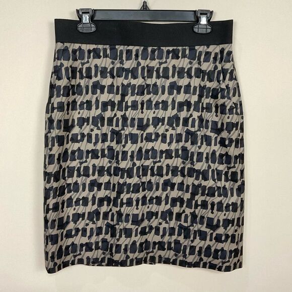CLASSIQUES ENTIER Pencil Skirt Black Khaki Abstract Print Silk Wool Sz 10 - Picture 1 of 4